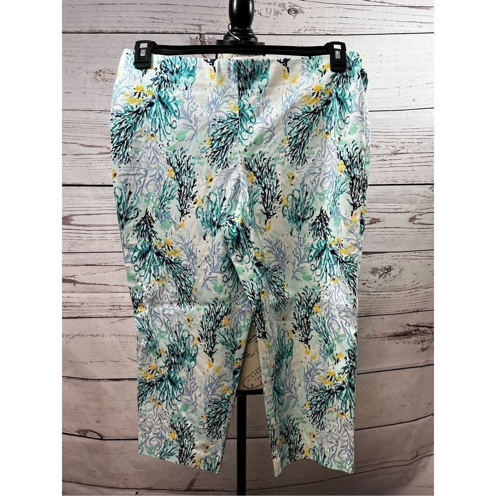 Womens Coral Reef‎ Print Pull On Crop Pants Teal Green White Stretch Size 12